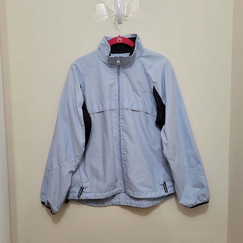 Vintage Champion Light Blue Windbreaker Jacket Size Medium ZIP Front Mesh Lining